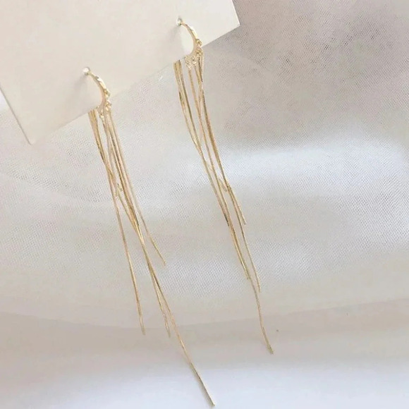 Gold Long Tassel Drop Huggie Hoop Earrings - Picture 1 of 4